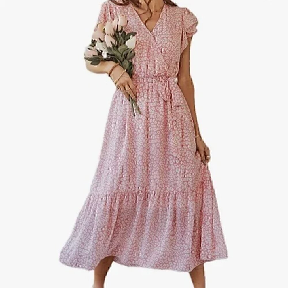 FASHION Flowy Midi Tiered Ditsy Floral Dress Rose Pink Faux Wrap XXL - NO BELT - Picture 3 of 15